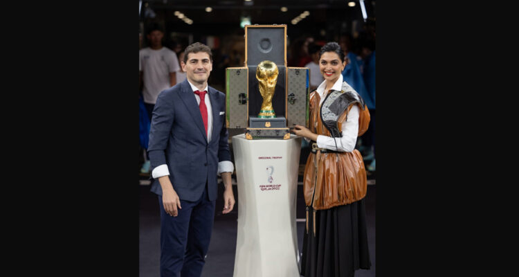 Deepika Padukone wears Louis Vuitton while presenting the FIFA World Cup Trophy in its Louis Vuitton Trunk at the FIFA World Cup Final Match